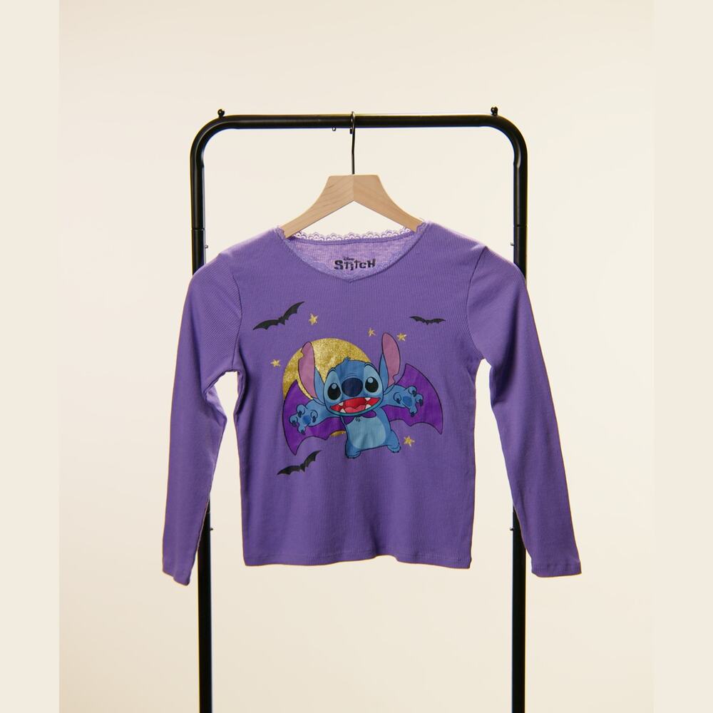 Disney Stitch Girls S Purple Halloween Bat Long Sleeve Ribbed Top